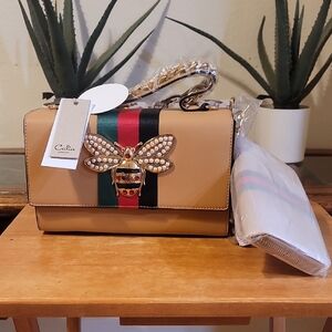 CALIN Tan and Black Women's Bag with Pearl Bee Accent NWT